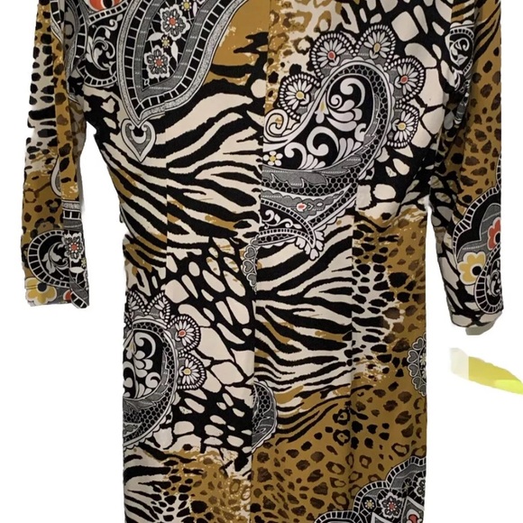 Muse For Boston Proper Dress Sz 12 Leopard Geometric Mix Print Faux Wrap 3/4 Sl - Picture 4 of 12